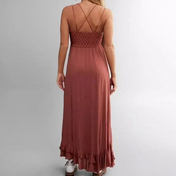 FREE PEOPLE Adella Lace Bralette Crinkle Lined Maxi Dress in Copper Brown Sz S. - Picture 2 of 16